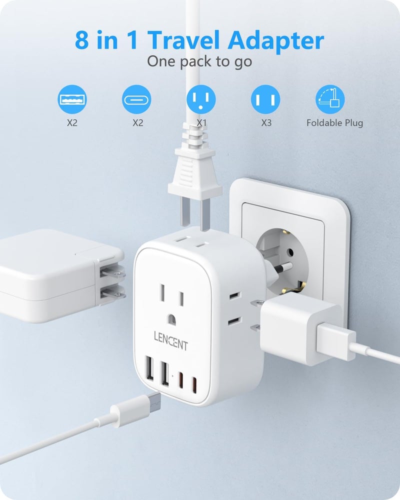 Lencent European Travel Plug Adapter, US to Europe Type-C Foldable Power Plug with 4 Outlets 4 USB Ports (2 USB C), Power Adaptor for USA to EU Euro Iceland Spain Italy France Germany Greece Portugal - Image 4